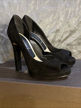 Black Suede Peep-Toe Pumps